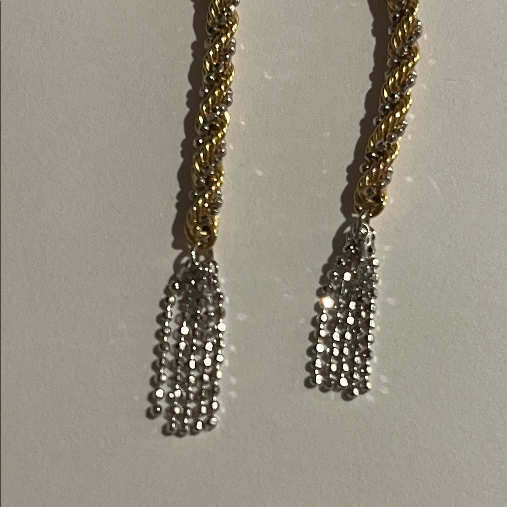 14K Yellow Gold + White Gold Twisted Rope Tassel Earrings, solid gold - Picture 14 of 17